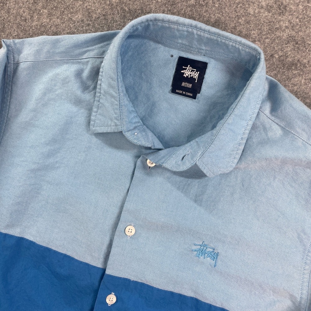 Stussy Mens Button Down Shirt M Blue Color Block Long Sleeve